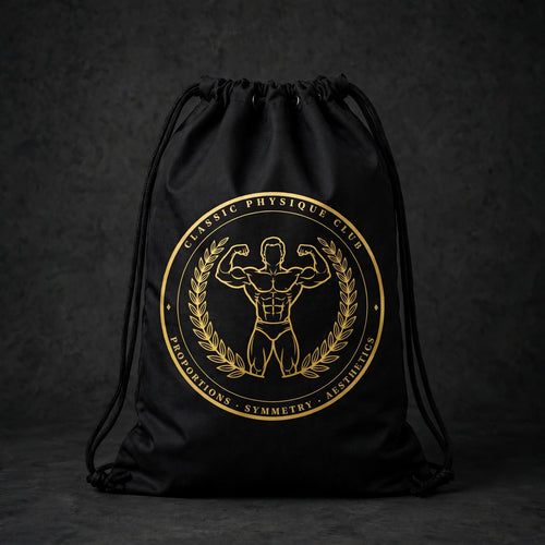 Drawstring Bag — black with gold medallion